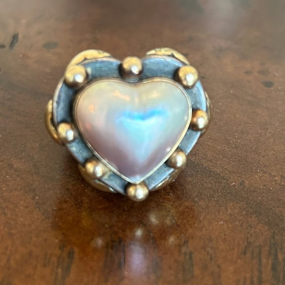 Dian Malouf Sterling Silver Ring With Pearl & Gold Hearts